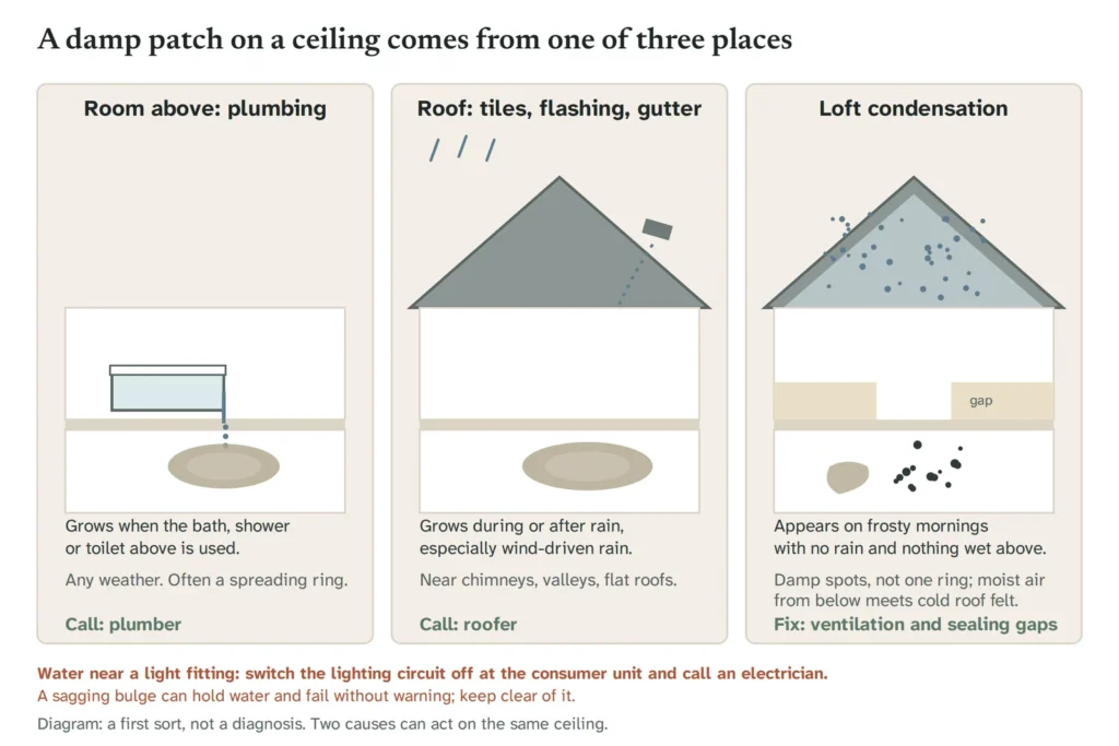 Diagram of three panels: a bath above a ceiling dripping onto a patch (plumbing, any weather); a roof with a slipped tile and rain leading to a ceiling patch (roof, after rain); and a loft with condensation on the underside of the felt dripping onto insulation with a gap (loft condensation, frosty mornings).