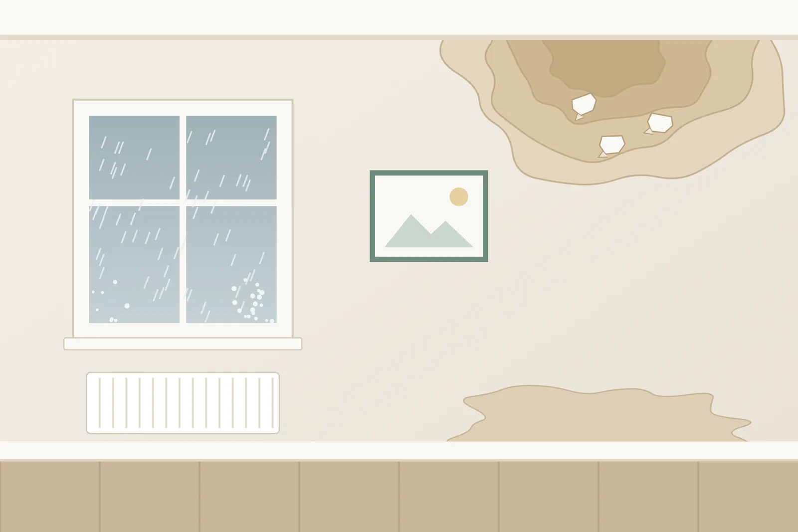 Illustration of a living room wall with a brown water stain spreading from the ceiling, flaking paint, a patchy stain above the skirting board and rain on the window.