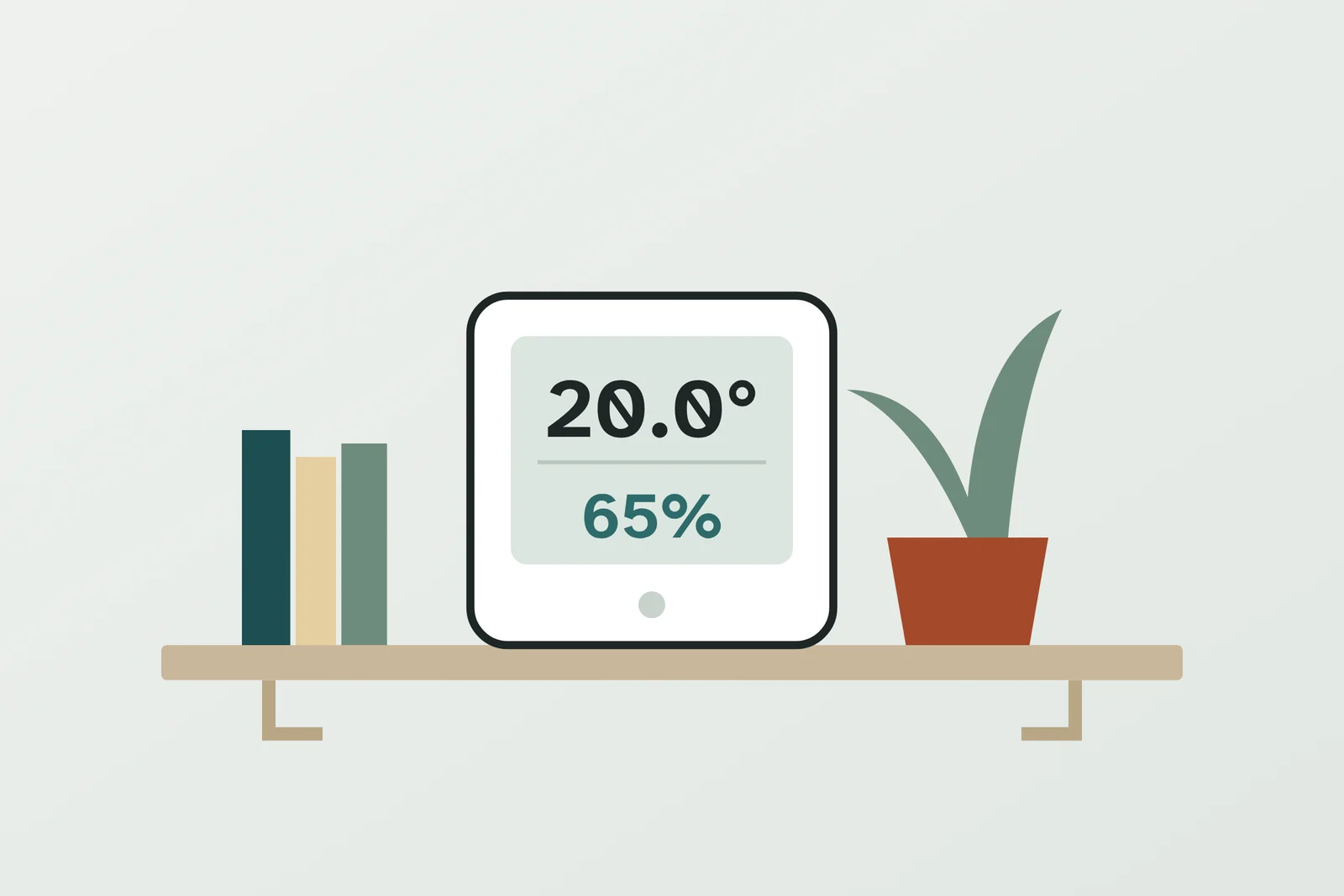 Illustration of a digital hygrometer on a shelf showing 20.0 degrees and 65% relative humidity, beside books and a pot plant.