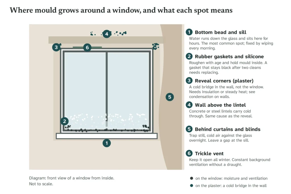Front view of a window from inside with six numbered spots: the bottom bead and sill where water collects, the rubber gaskets, the plaster reveal corners, the wall above the lintel, the space behind the curtain, and the trickle vent. Dark spots mark condensation mould on the window; teal spots mark mould on the plaster caused by a cold bridge.