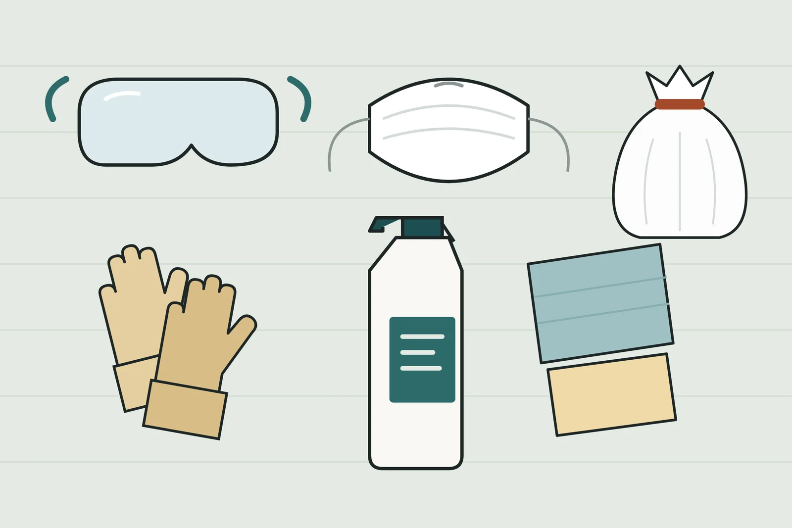 Illustration of goggles, a face mask, rubber gloves, an unbranded spray bottle, cloths and a tied plastic bag laid out together.