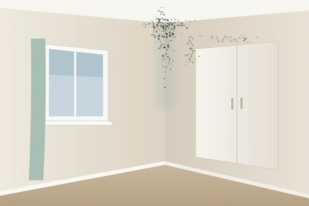 Illustration of a bedroom corner where two outside walls meet, with black mould spots near the ceiling and on the wall beside and above a wardrobe.