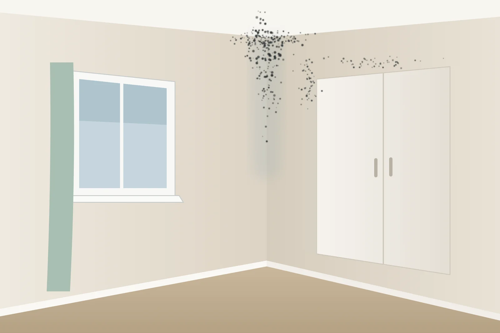 Illustration of a bedroom corner where two outside walls meet, with black mould spots near the ceiling and on the wall beside and above a wardrobe.