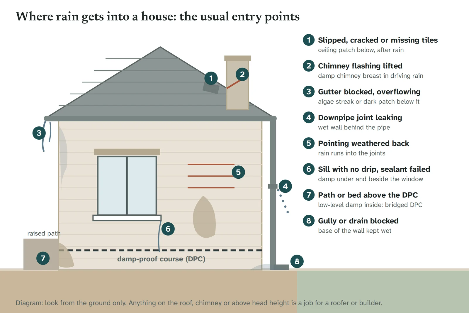 Diagram of a house elevation with eight numbered entry points for rain: slipped roof tiles, chimney flashing, an overflowing gutter, a leaking downpipe joint, weathered pointing, a window sill with no drip groove, a path built up above the damp-proof course, and a blocked gully.
