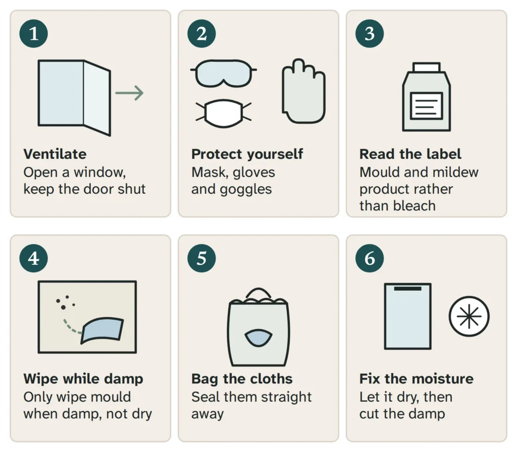 Six numbered steps: 1 ventilate by opening a window and keeping the door shut; 2 protect yourself with a mask, gloves and goggles; 3 read the label of a mould and mildew product rather than bleach; 4 only wipe mould when damp, not dry; 5 bag the cloths and seal them straight away; 6 let it dry, then fix the moisture.