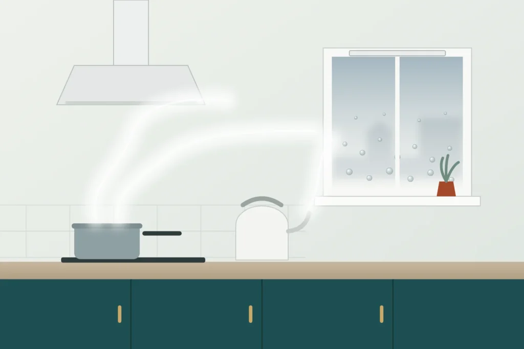 Illustration of a kitchen with steam rising from an uncovered saucepan and a kettle and drifting towards a window, where it has condensed into droplets on the glass.