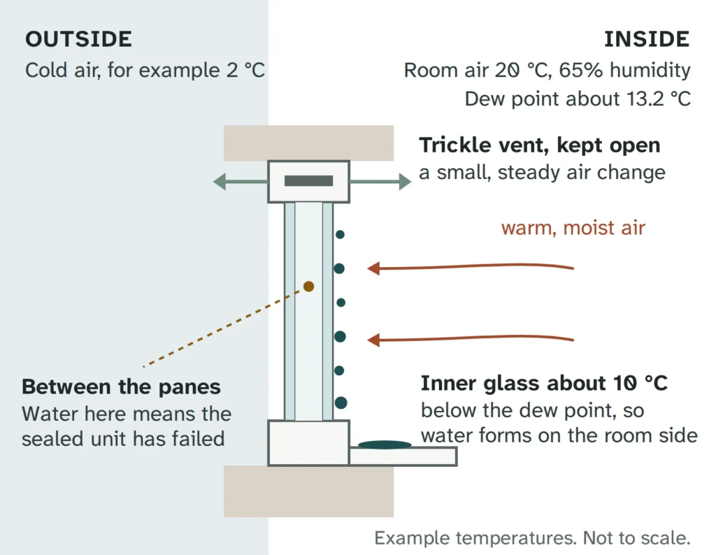 Diagram of a double-glazed window in section. Warm, moist room air at 20 °C and 65% humidity meets inner glass at about 10 °C, below the dew point of 13.2 °C, so water forms on the room side. An open trickle vent at the top gives a small, steady air change. Water between the panes means the sealed unit has failed.