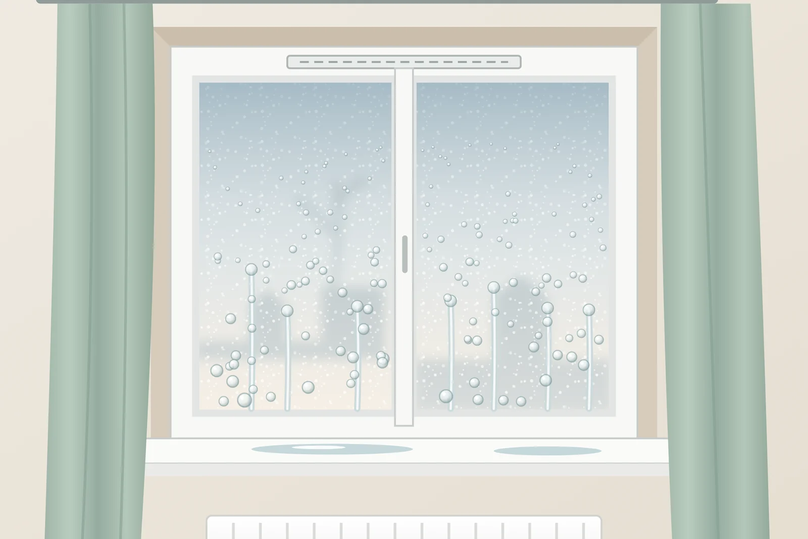 Illustration of a white double-glazed window misted with condensation, with droplets running down the inside of the glass and water pooled on the sill.